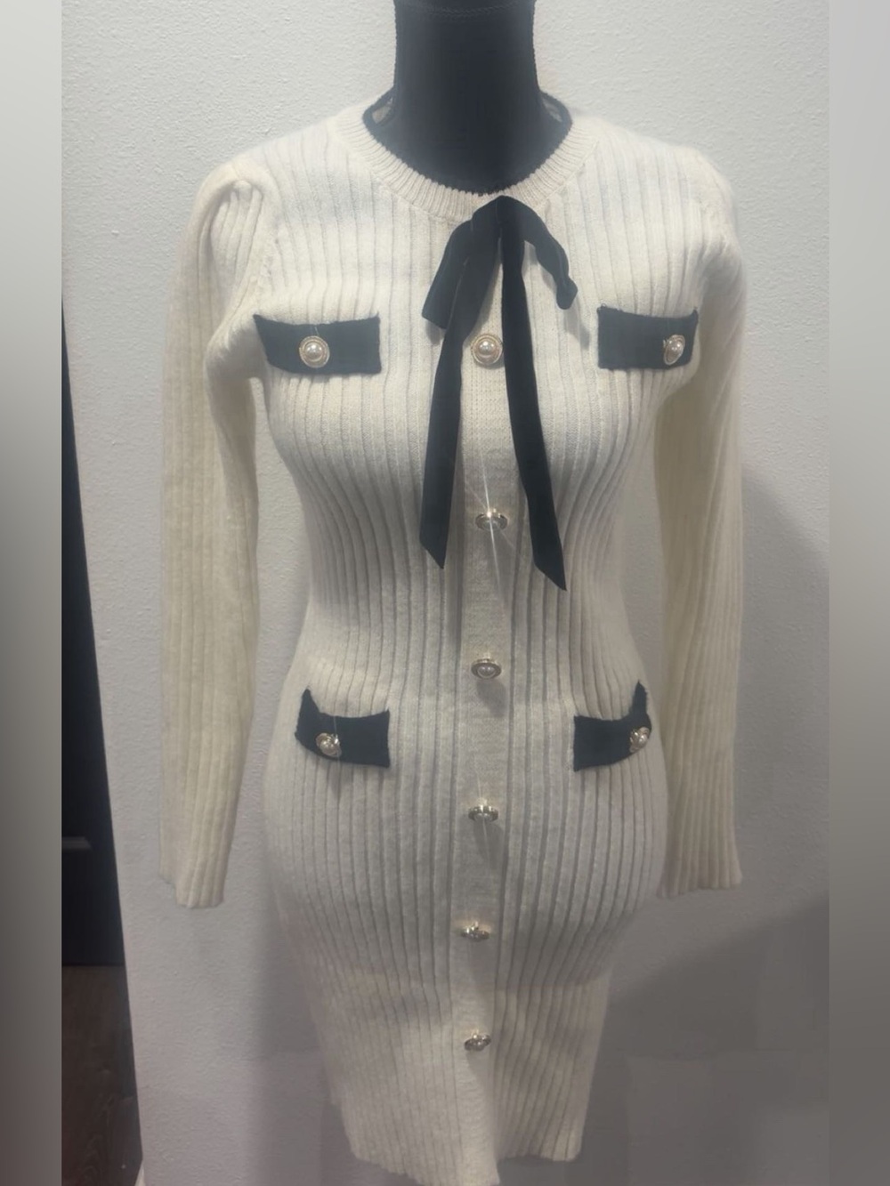 Cider Cream Ribbed Knit Cardigan with Black Bow Trim